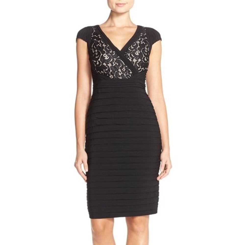 ADRIANNA PAPELL Women's LACE & SHUTTER PLEAT Dress JERSEY SHEATH Black Size 10